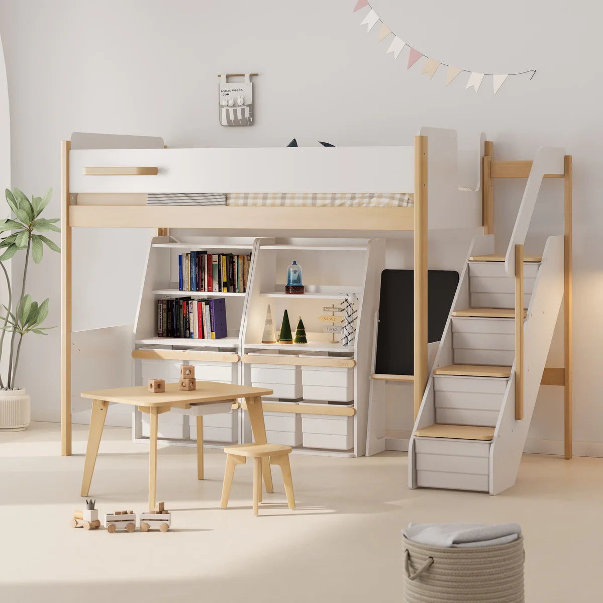 Natty King Single Loft Bed With Storage Staircase – Suteki