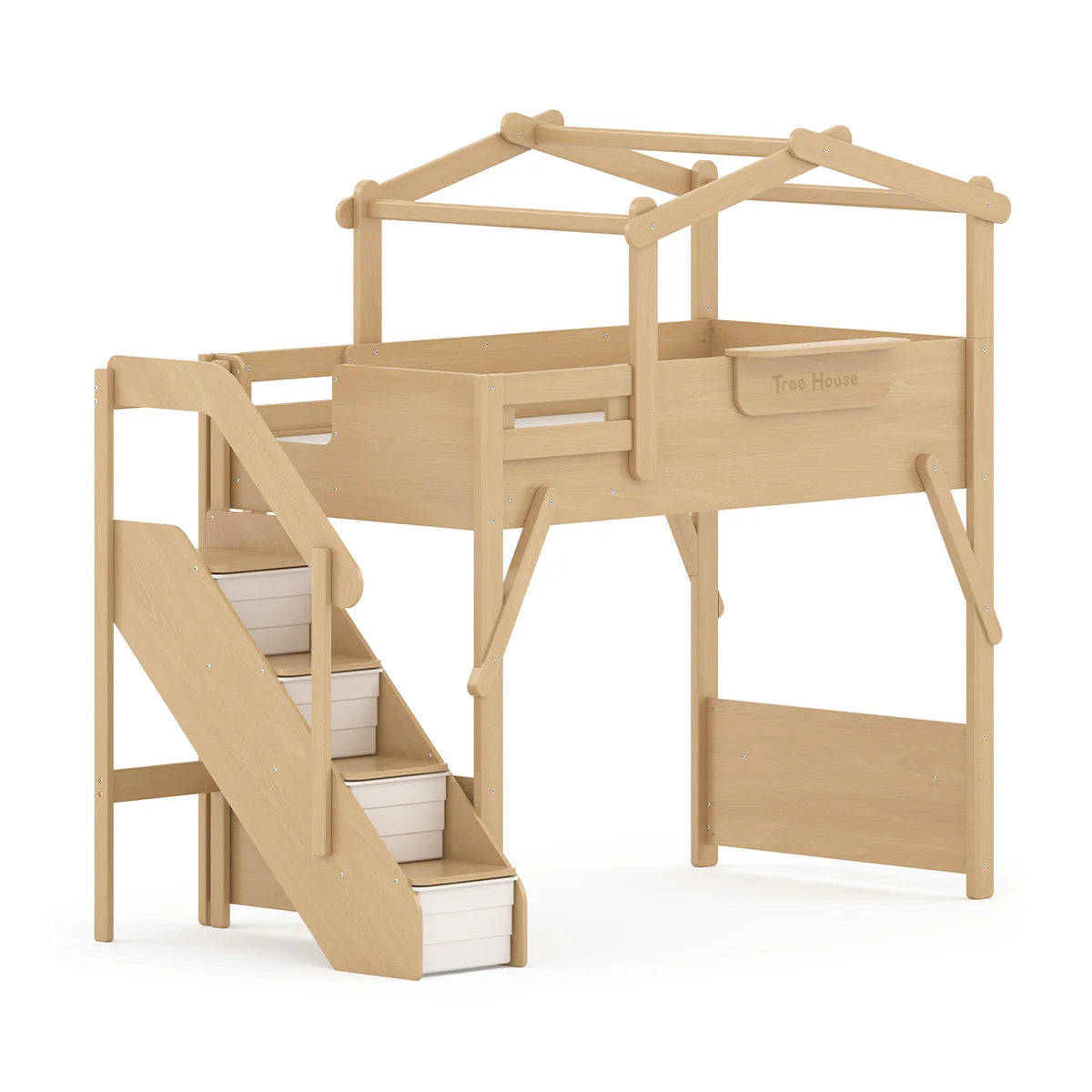 Treehouse King Single Loft Bed + Roof Frame and Storage Staircase