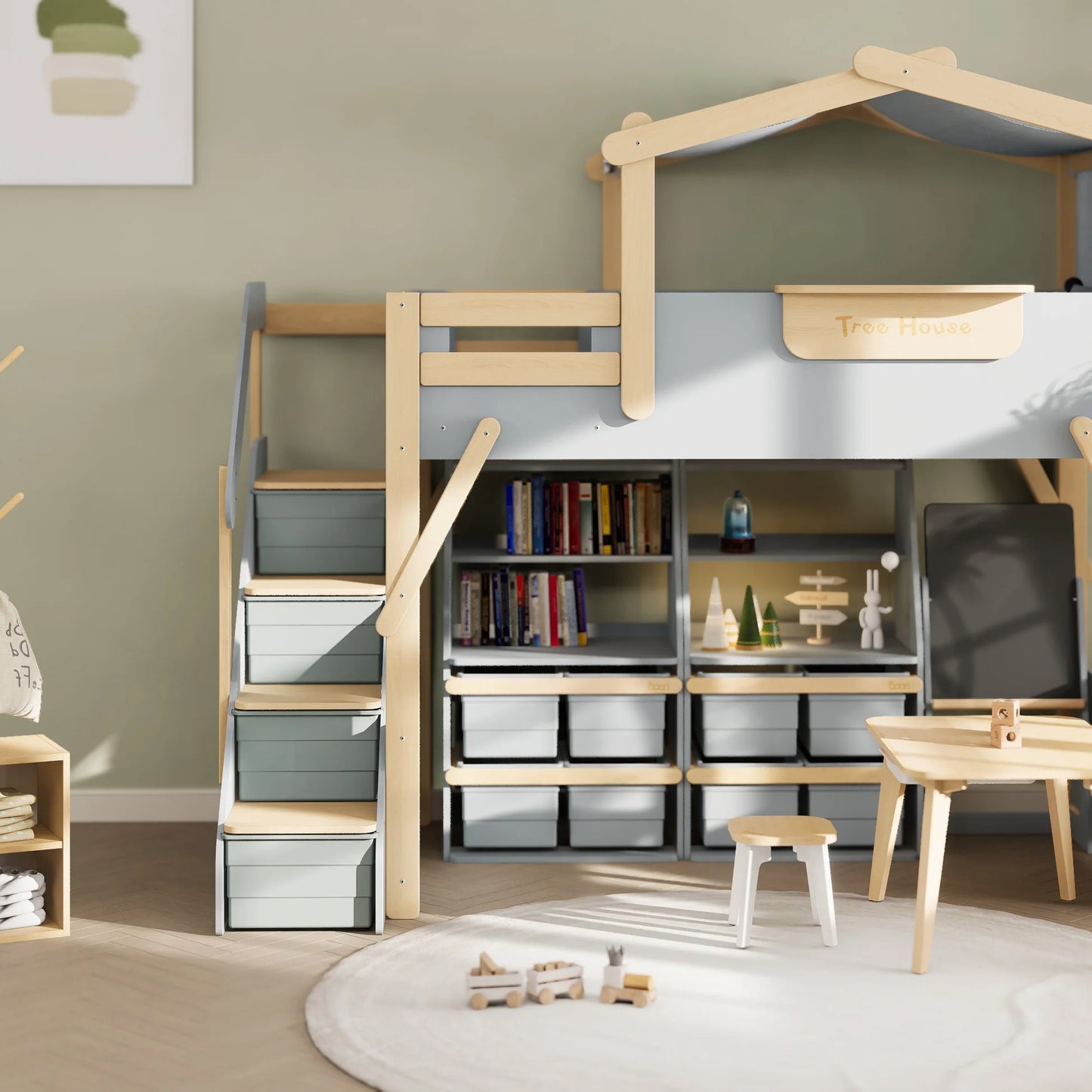 Treehouse King Single Loft Bed + Roof Frame and Storage Staircase