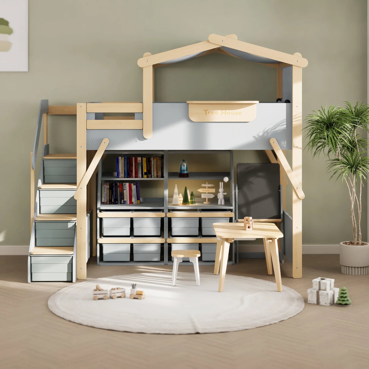 Treehouse King Single Loft Bed + Roof Frame and Storage Staircase