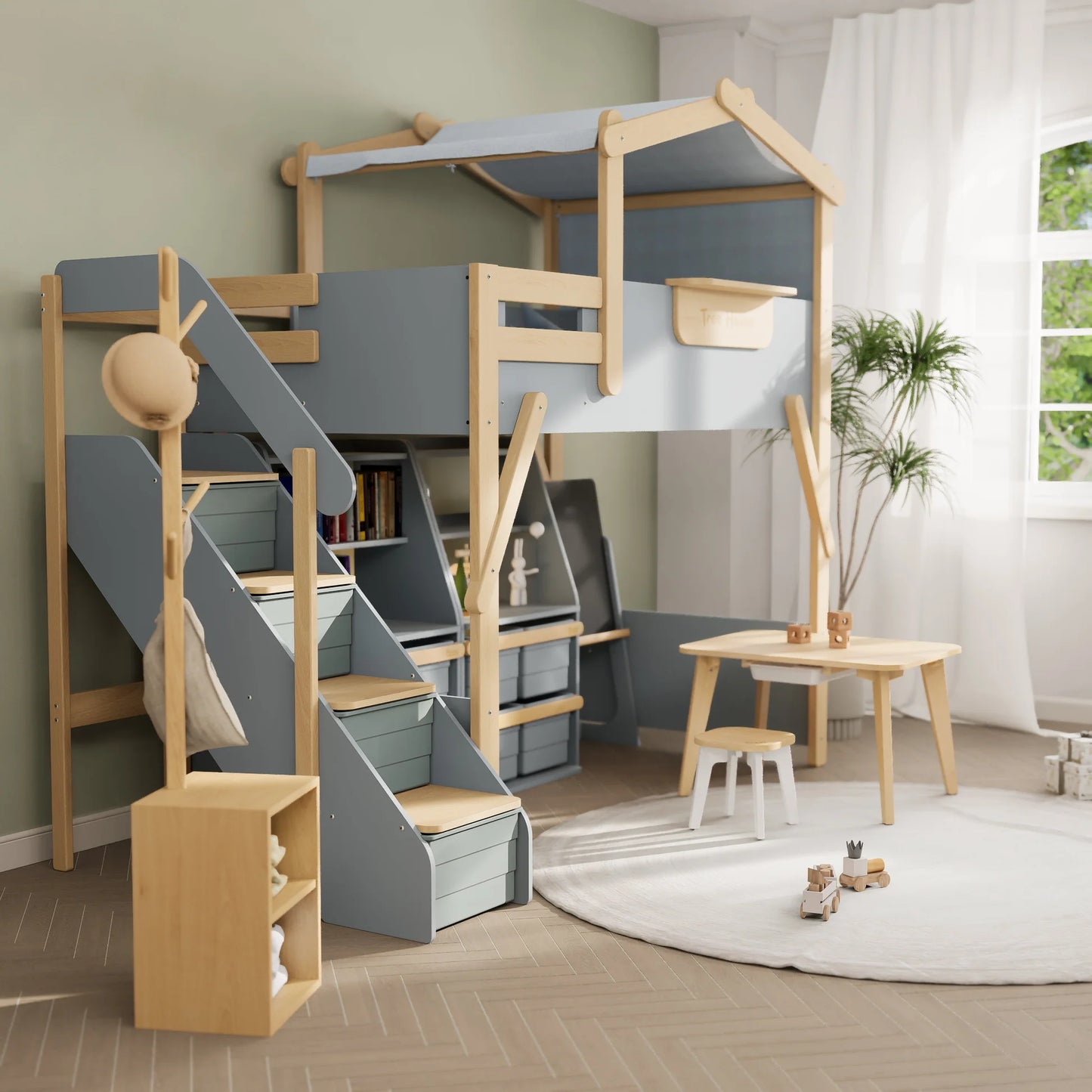 Treehouse King Single Loft Bed + Roof Frame and Storage Staircase