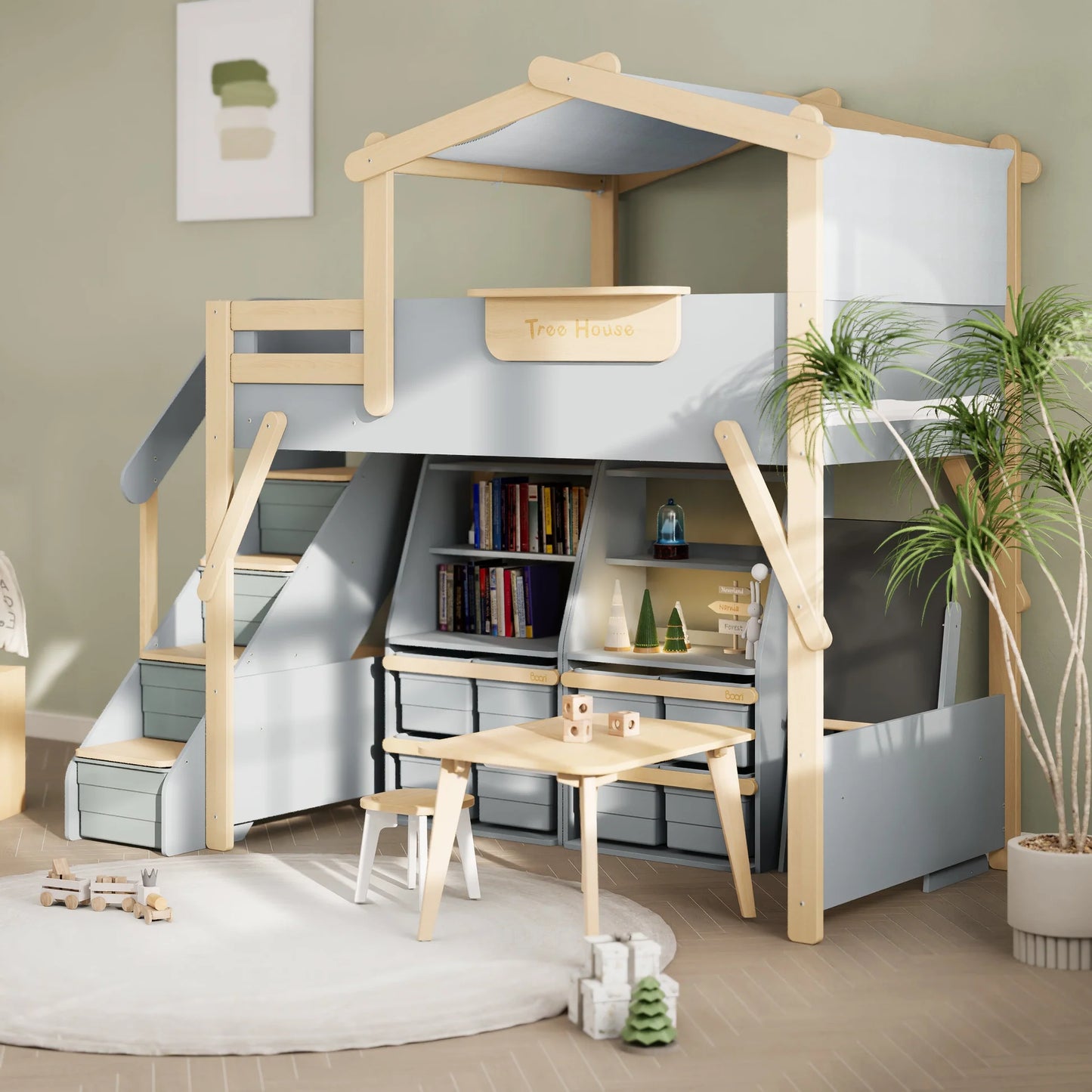 Treehouse King Single Loft Bed + Roof Frame and Storage Staircase