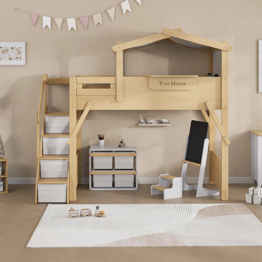 Treehouse King Single Loft Bed + Roof Frame and Storage Staircase