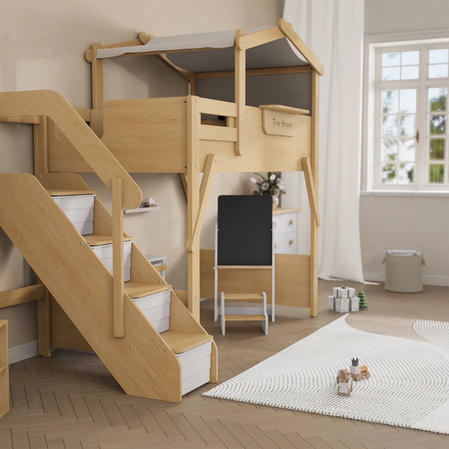 Treehouse King Single Loft Bed + Roof Frame and Storage Staircase