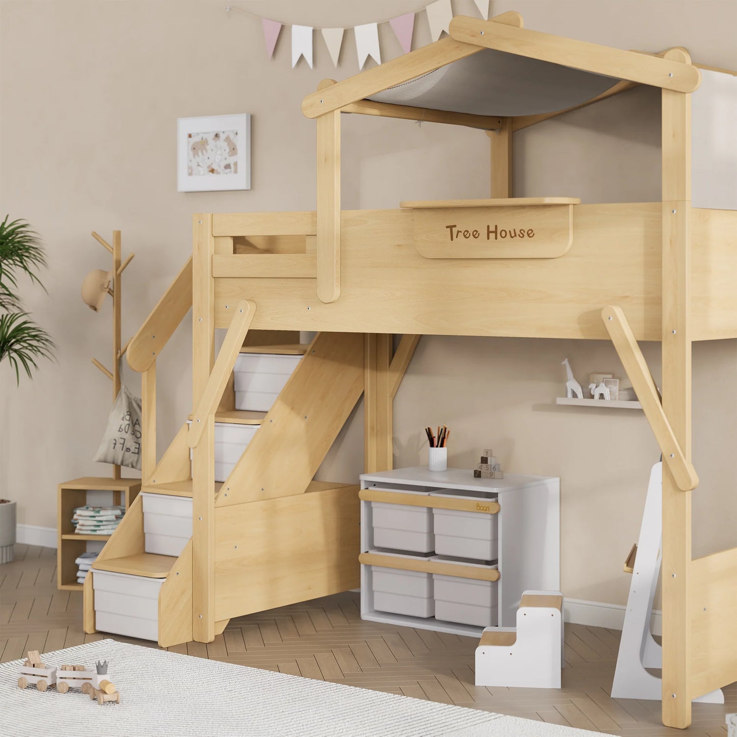 Treehouse King Single Loft Bed + Roof Frame and Storage Staircase